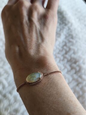 Rose Gold Tone Oval Opal & CZ Halo Adjustable Slider Friendship Bracelet